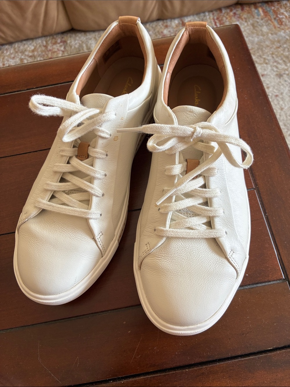 Clarks Women’s White Leather Lace-Up Sneakers with Tan Heel Tab